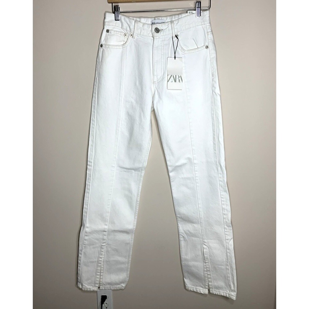 NEW Zara‎ Jeans Womens 4 White Denim Mid Rise Straight Leg Split Hem 100% Cotton
